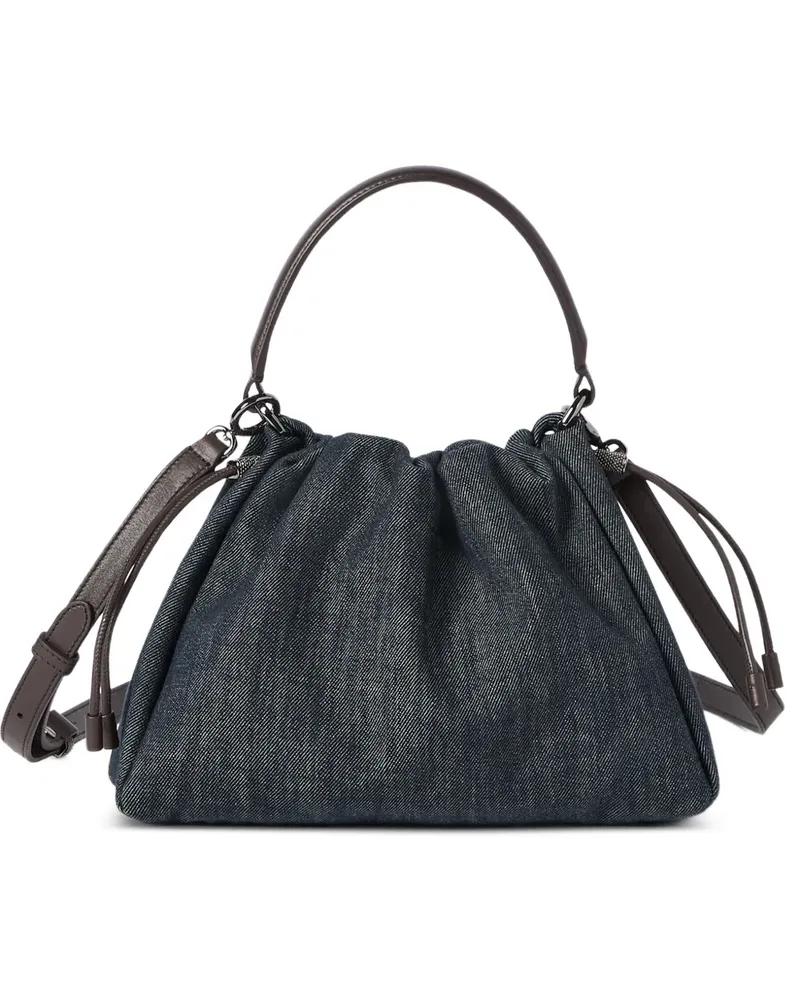 Brunello Cucinelli Kleine Mellow Beuteltasche aus Twill in Denim-Optik mit Monili-Verzierung - Blau Blau