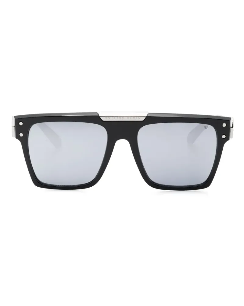 Philipp Plein Eckige Sonnenbrille mit Logo-Schild - Schwarz Schwarz