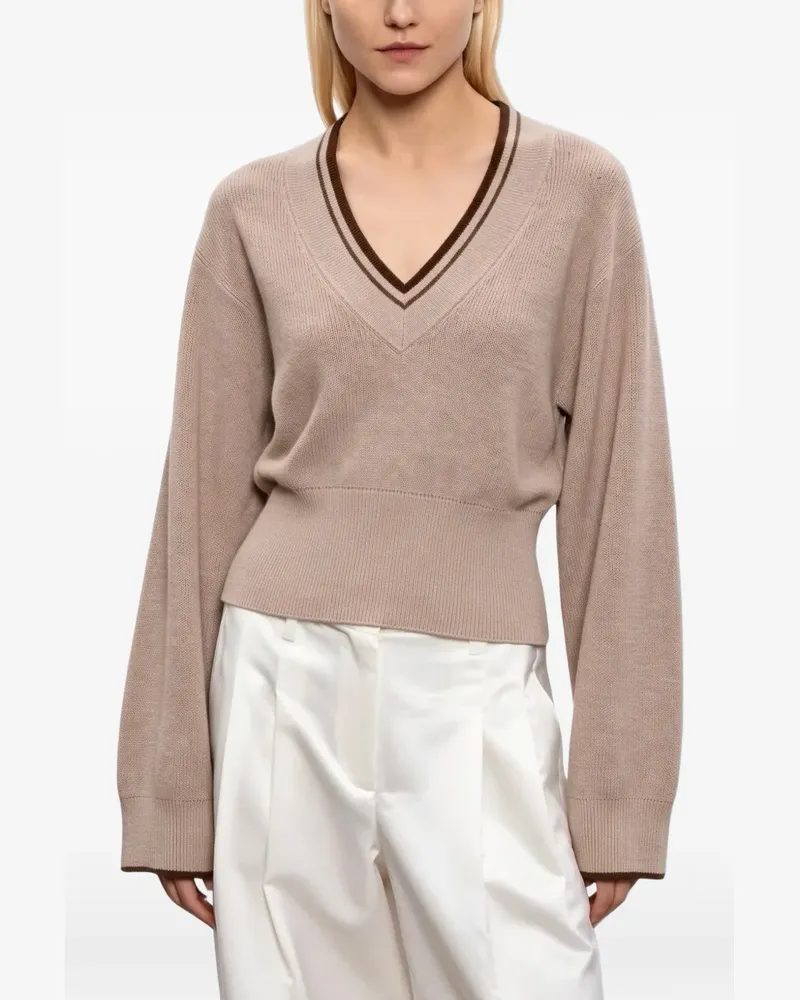 Brunello Cucinelli Pullover mit V-Ausschnitt und gestreiftem Besatz - Nude Nude