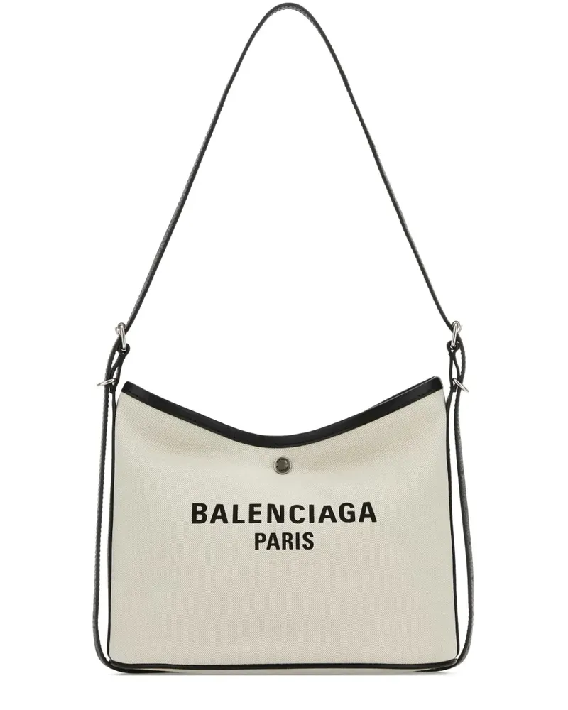 Balenciaga Biari Schultertasche aus Canvas mit Logo-Schild - Nude Nude