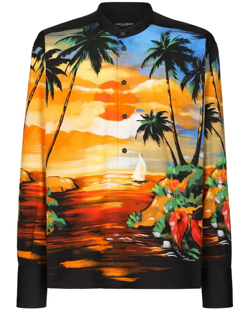 Dolce & Gabbana Kragenloses Hemd mit Sonnenuntergang - Schwarz Schwarz
