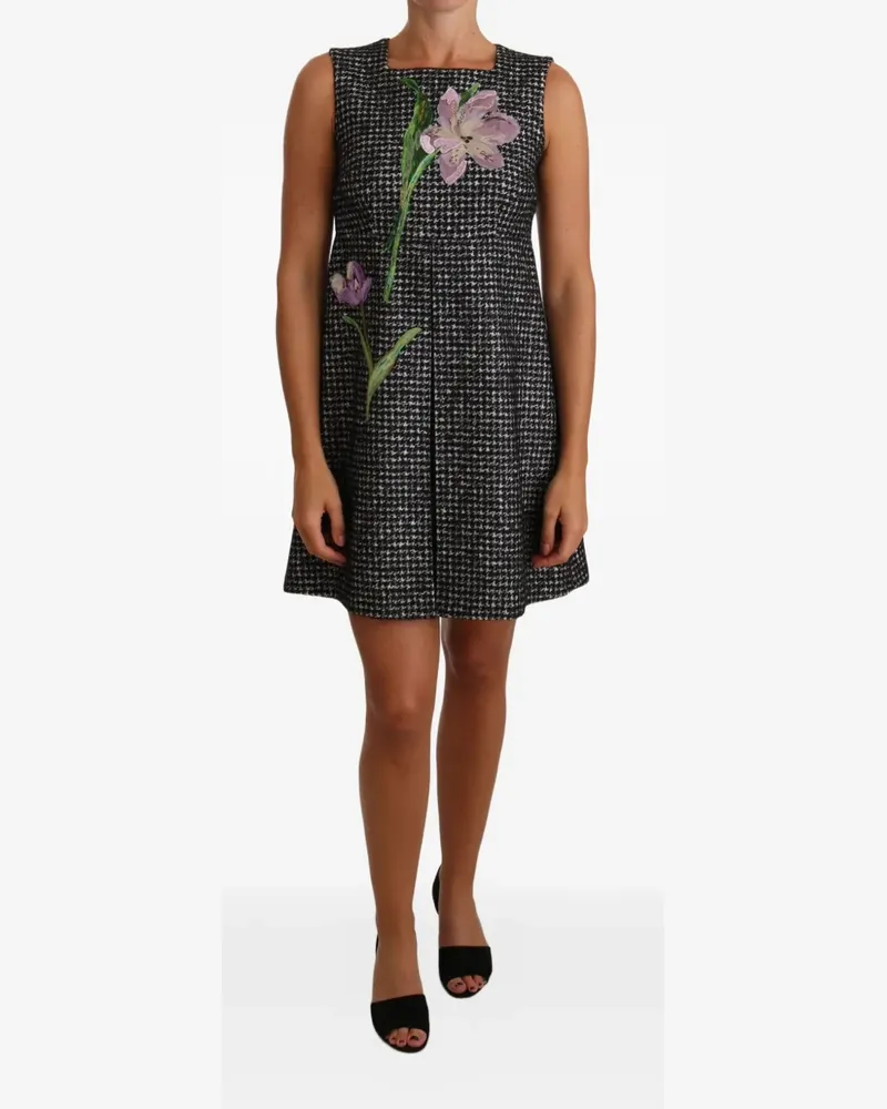 Dolce & Gabbana Hahnentritt-Minikleid mit Blumenapplikation - Schwarz Schwarz
