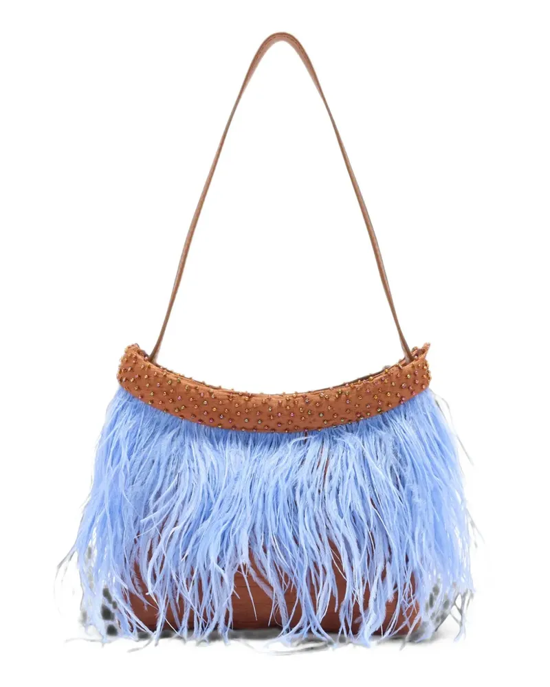 STAUD Winslow feather-trim bead-embellished shoulder bag - Blau Blau