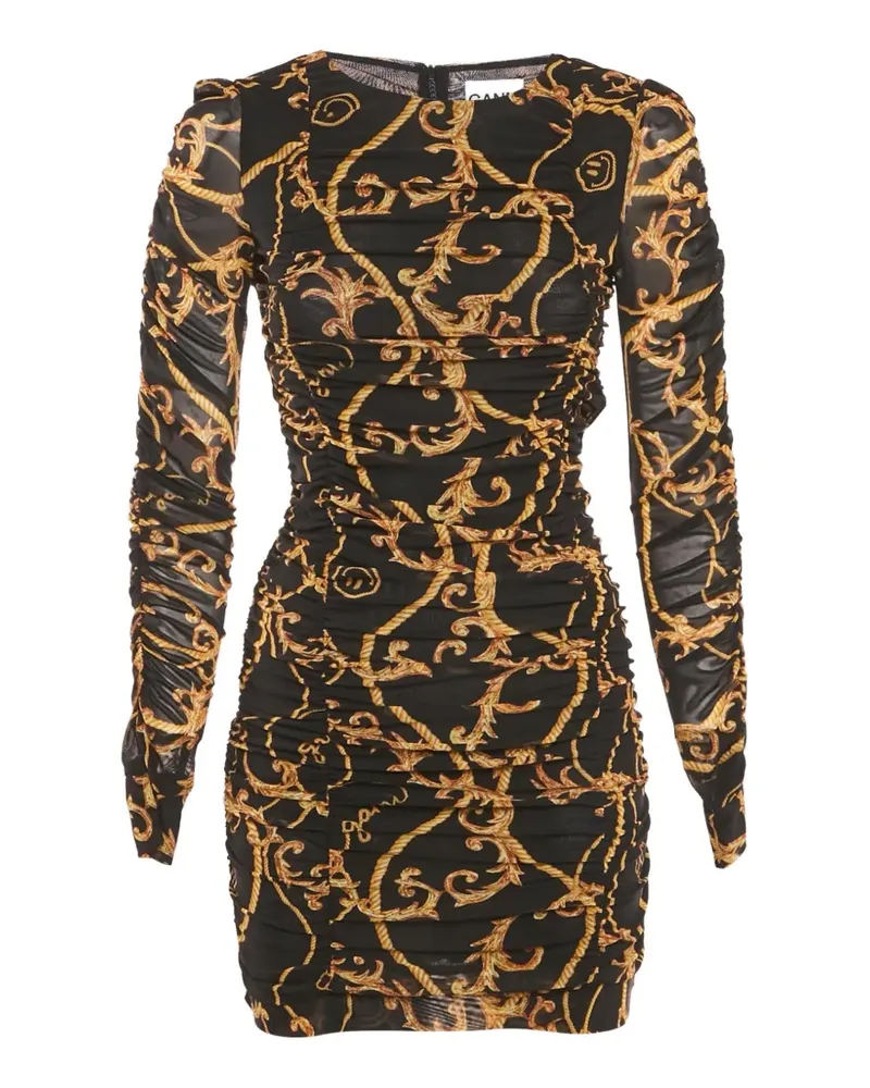 Ganni ruched abstract-print mini dress - Schwarz Schwarz