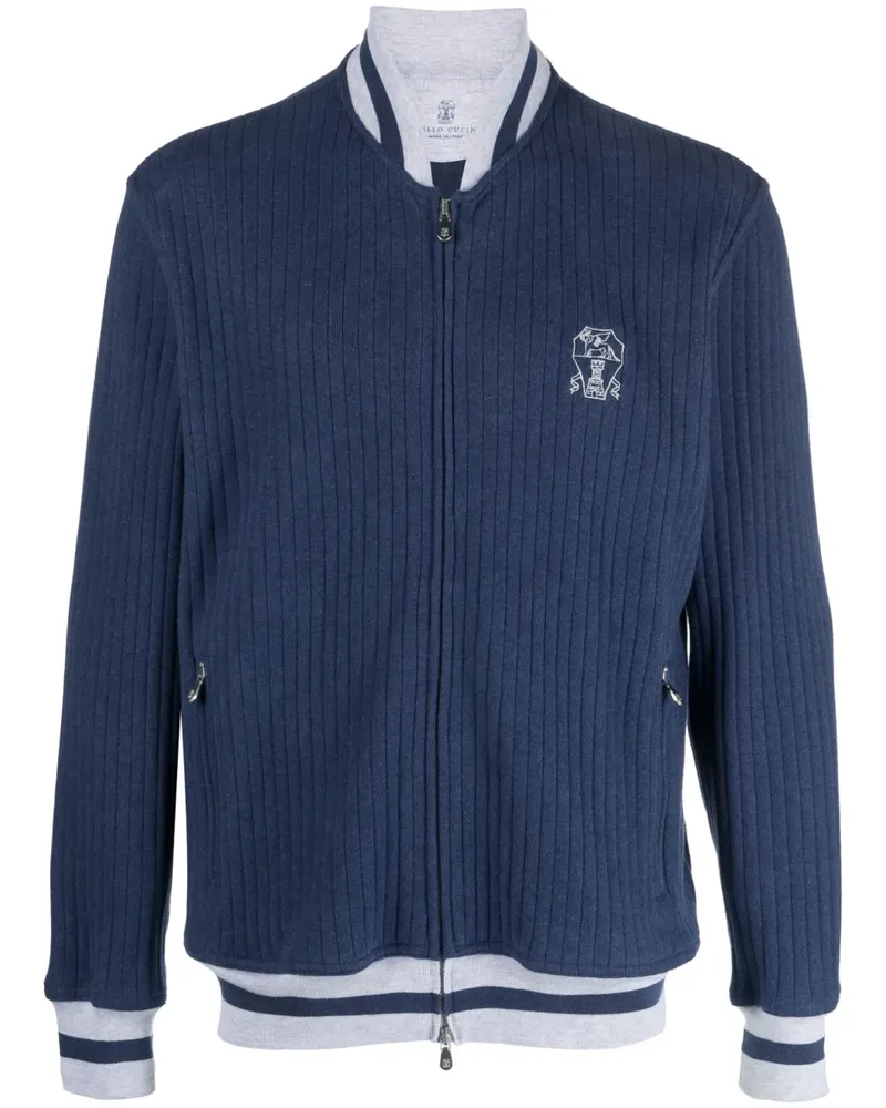 Brunello Cucinelli Gerippte Sweatshirtjacke mit Logo - Blau Blau