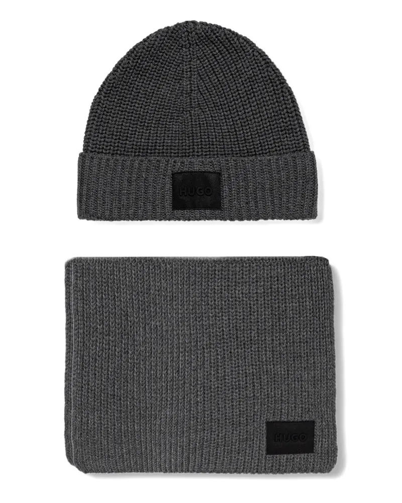 HUGO BOSS ribbed logo-patch beanie hat set - Grau Grau
