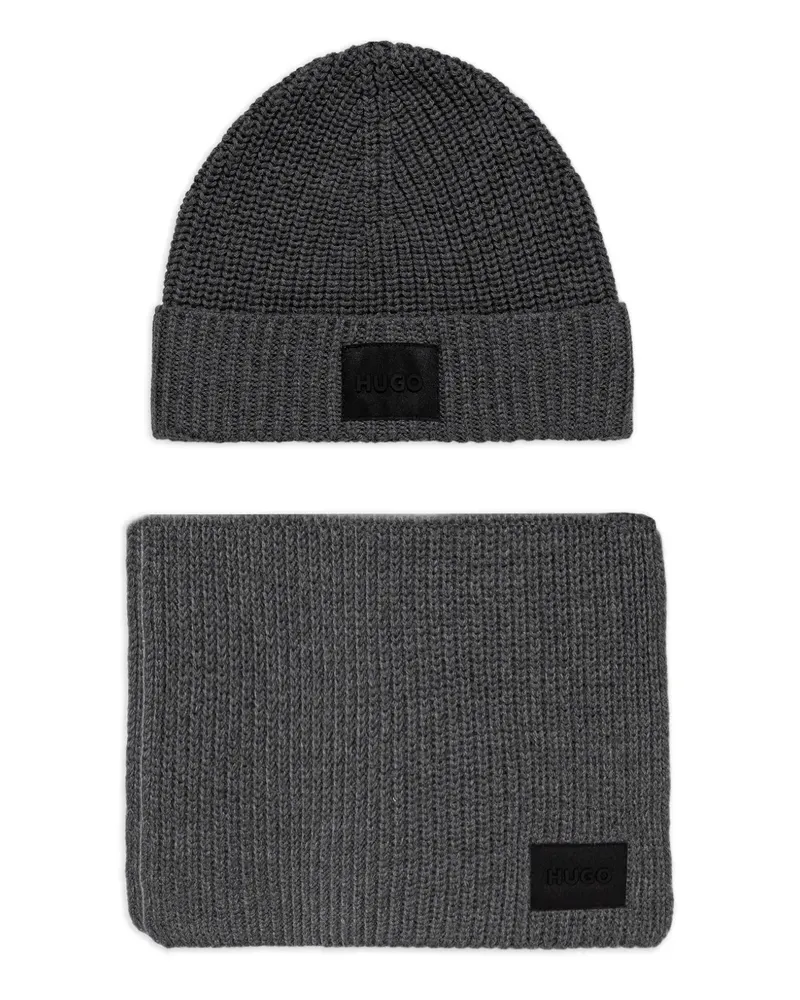 HUGO BOSS Gerippte Beanie Logo-Patch - Grau Grau