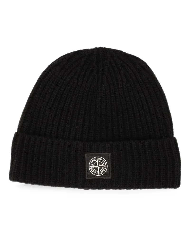 Stone Island Gerippte Beanie mit Logo-Patch - Schwarz Schwarz