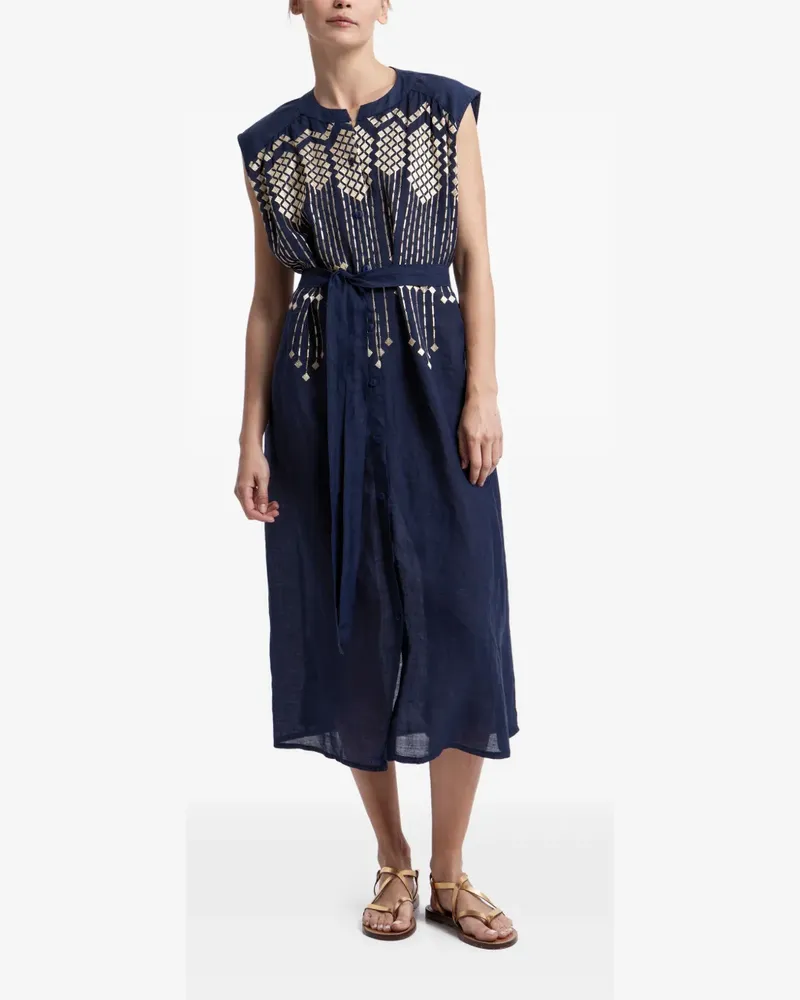 Greek Archaic Kori embroidered belted dress - Blau Blau