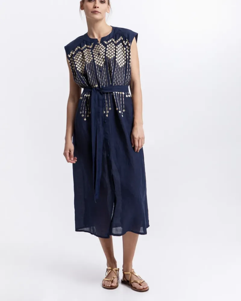 Greek Archaic Kori embroidered belted dress - Blau Blau