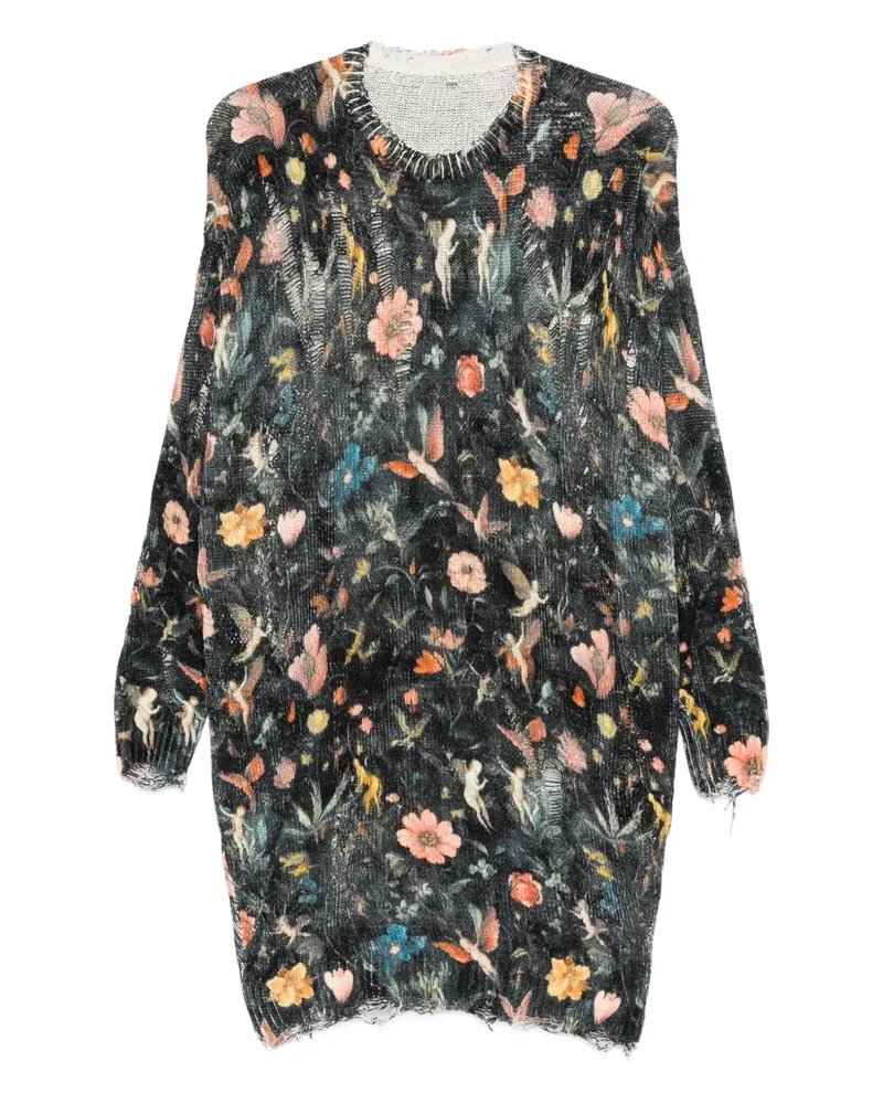 R13 Ausgefranstes Minikleid mit Blumen - Schwarz Schwarz