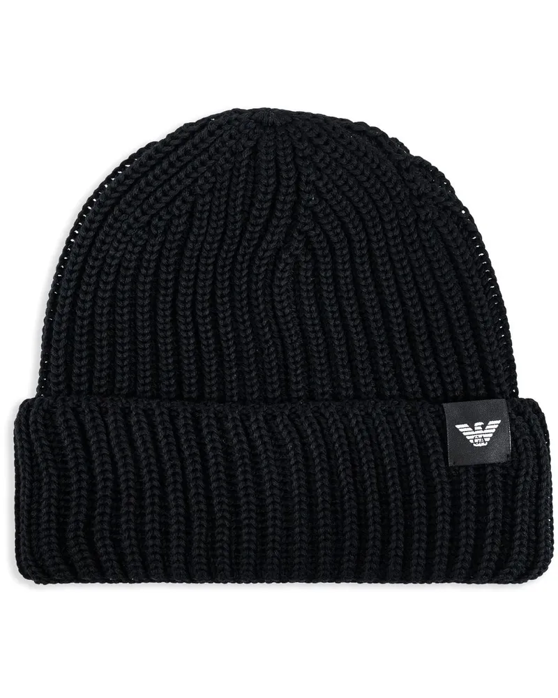 Emporio Armani Gestrickte Beanie mit Logo-Patch Schwarz