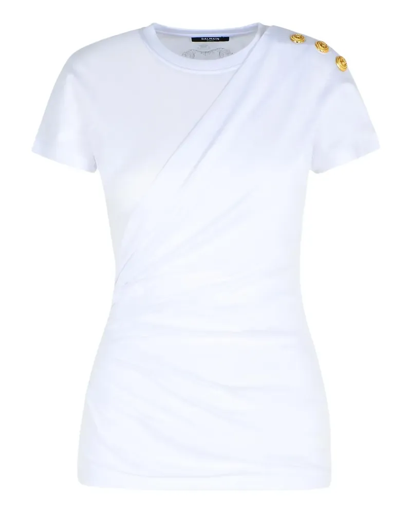 Balmain Drapiertes T-Shirt mit Schulterknöpfen - Weiß Weiß