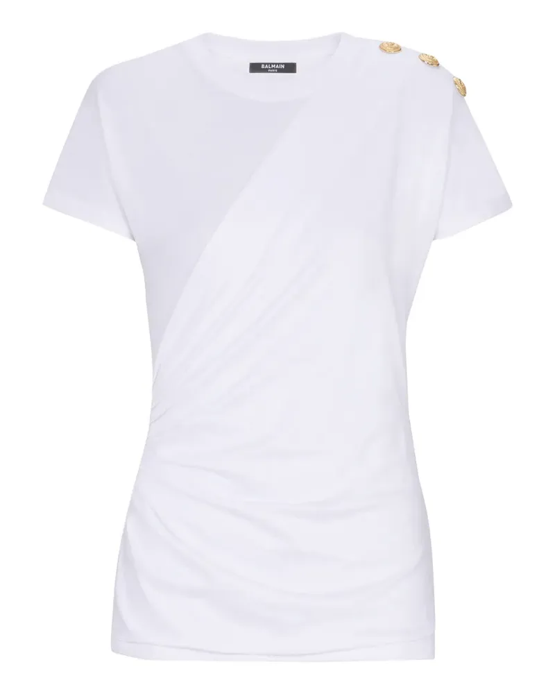 Balmain Drapiertes T-Shirt mit Schulterknöpfen - Weiß Weiß