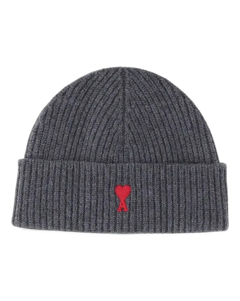 AMI Paris grey wool beanie with Ami De Coeur - Grau Grau