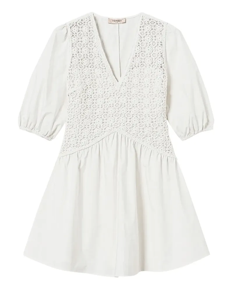 Twin-Set Puffärmel-Kleid mit gehäkeltem Einsatz - 00282 WHITE SNOW 00282