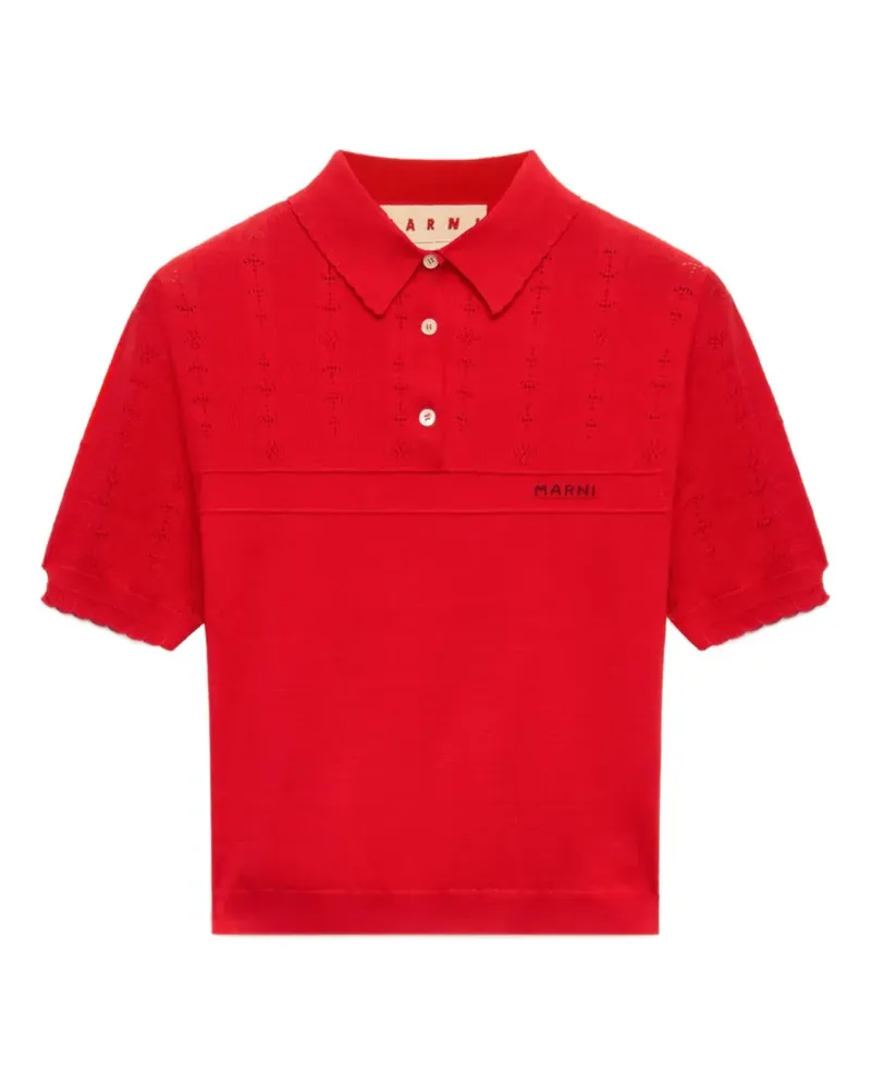 Marni pointelle-knit scalloped-trim polo top - Rot Rot
