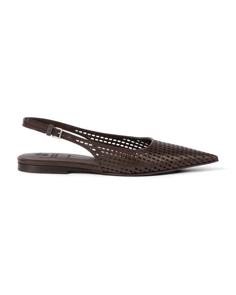 Brunello Cucinelli Calfskin net slingback flats with monili ballet - Braun Braun