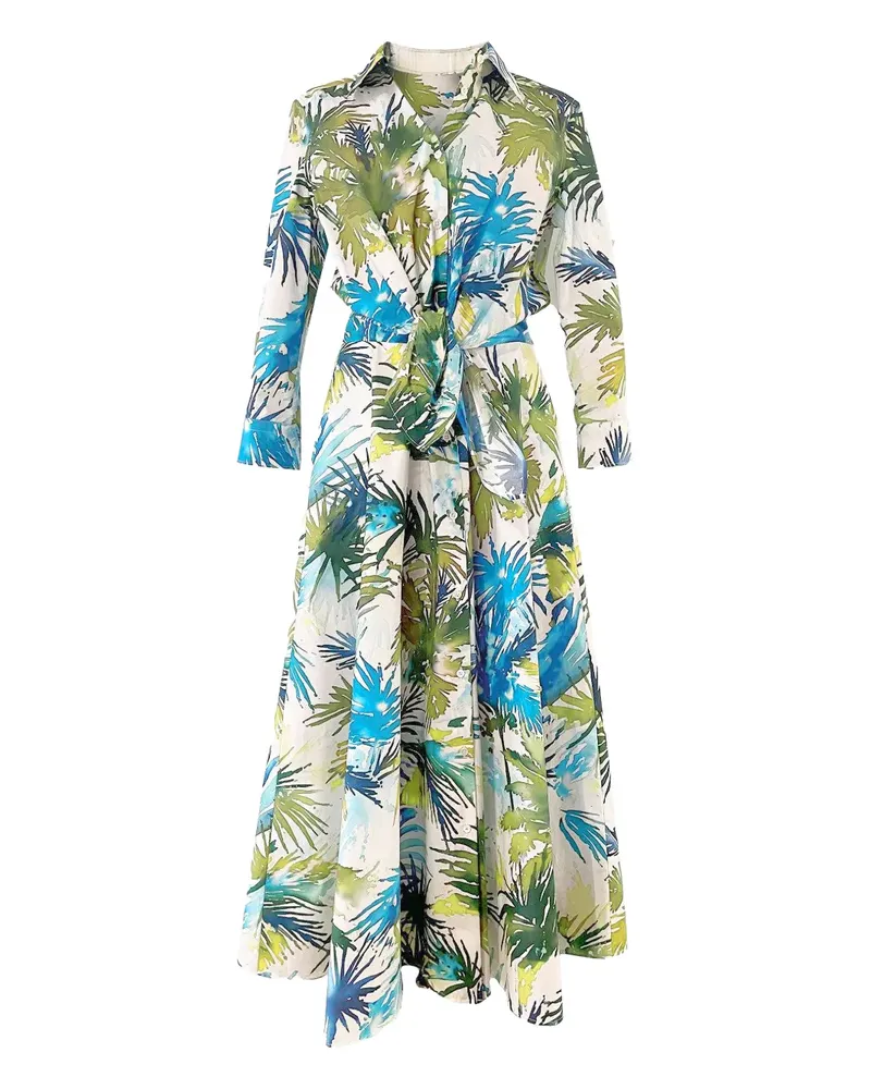 Sara Roka Dralla palm-print belted shirt dress - Blau Blau