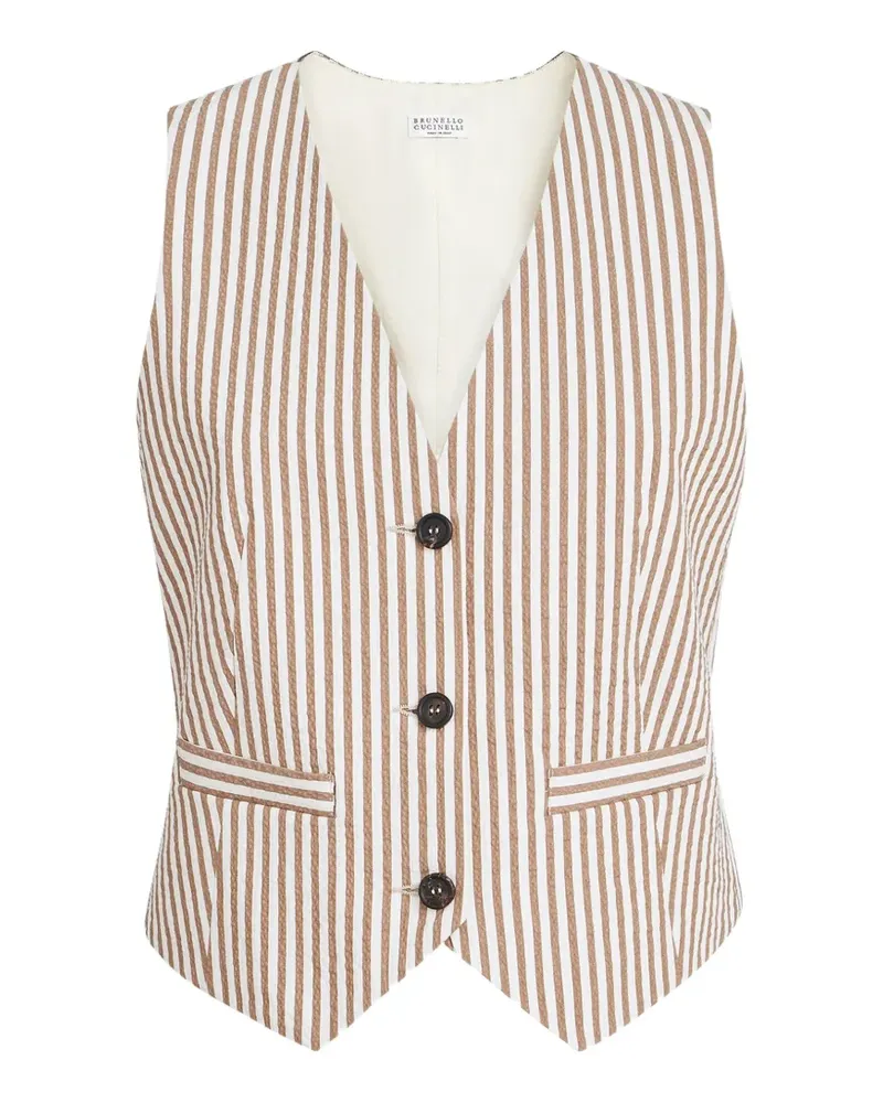 Brunello Cucinelli techno-cotton striped seersucker vest with monili - Nude Nude