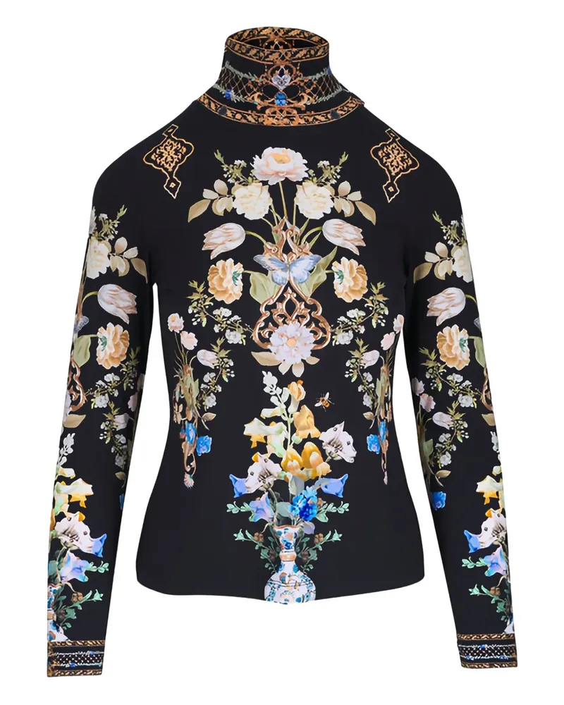 Camilla Ottoman Rollkragenoberteil mit Blumen-Print - Schwarz Schwarz