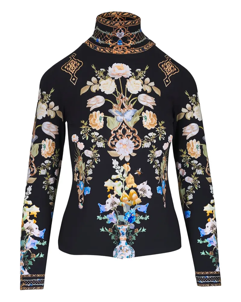 Camilla Ottoman Rollkragenoberteil mit Blumen-Print - Schwarz Schwarz