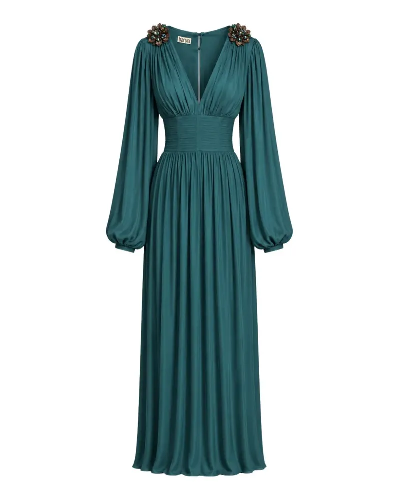 Baruni Gerafftes Maxikleid mit Blumenverzierung - Grün Grün