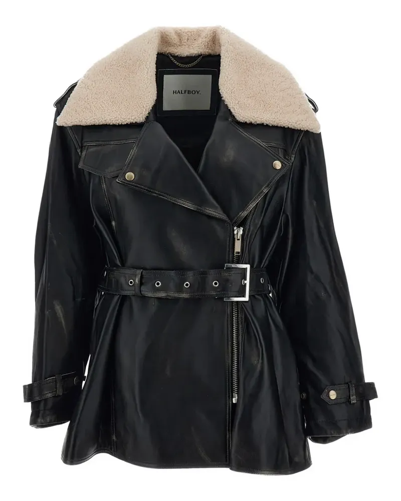 HALFBOY Bikerjacke mit Shearling-Kragen und Gürtel - Schwarz Schwarz