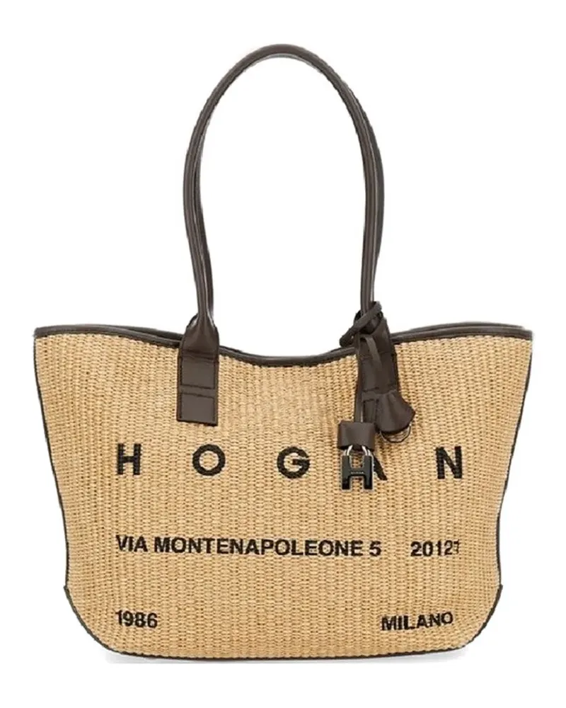 Hogan small logo-print woven tote bag - Nude Nude