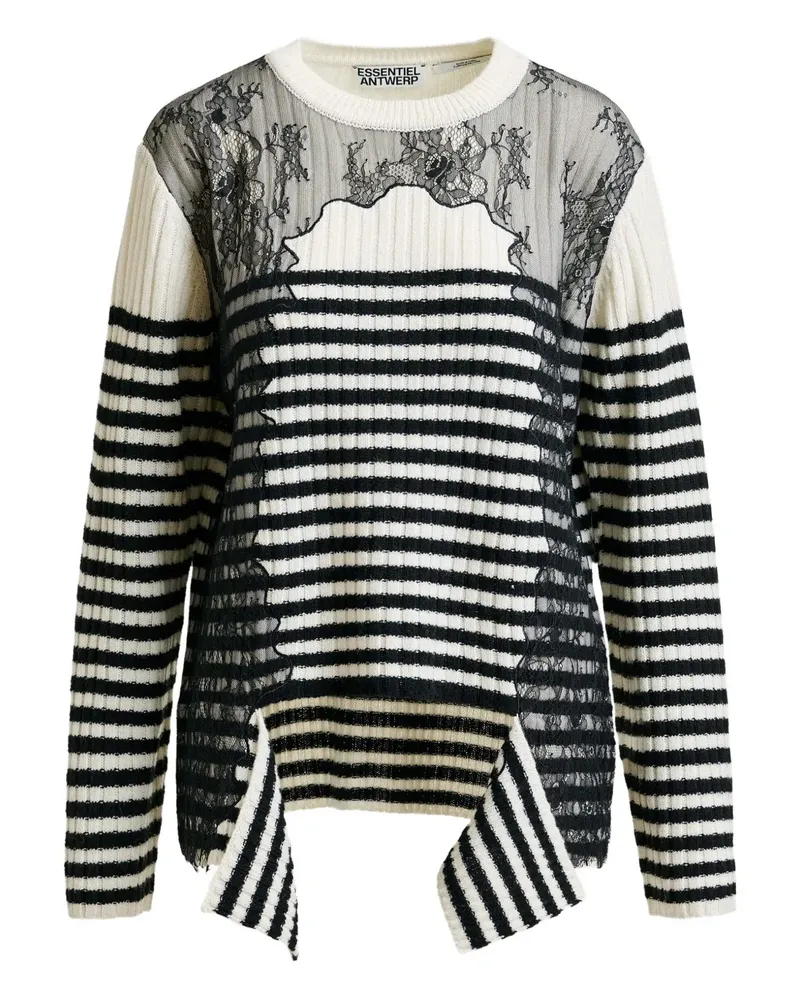 Essentiel Gestreifter Insane Pullover mit Spitzeneinsatz - Schwarz Schwarz