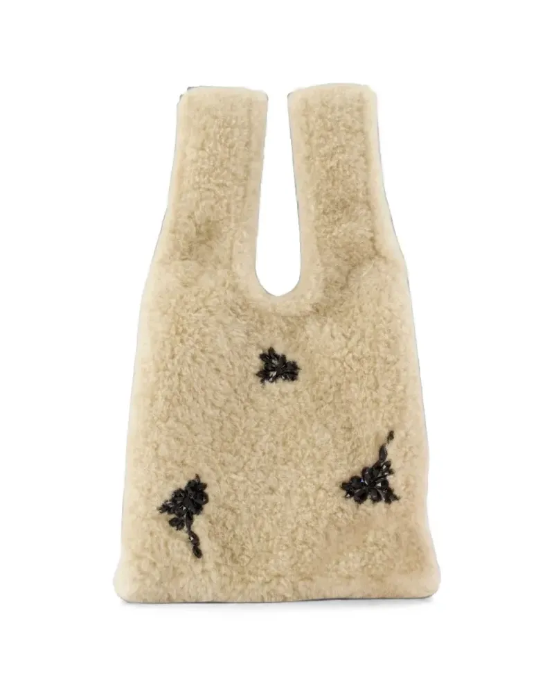 Simone Rocha bead-embellished faux-shearling tote bag - Nude Nude