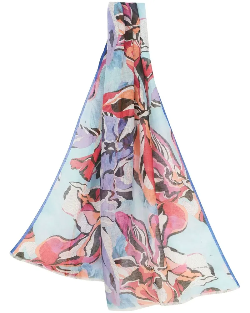 Etro Leinenschal mit Blumen-Print - Blau Blau