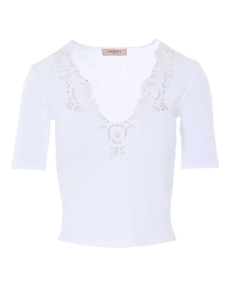 Twin-Set lace-detail ribbed T-shirt - Weiß Weiß