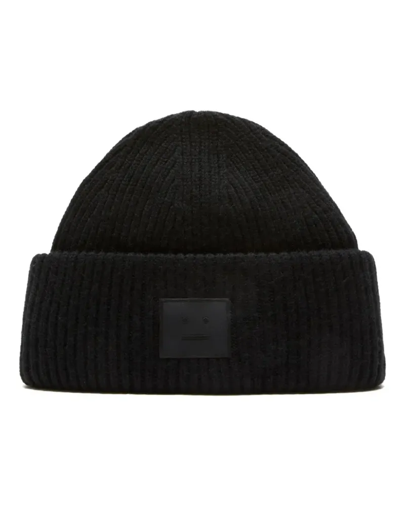 Acne Studios Gerippte Beanie mit Gesicht-Patch - Schwarz Schwarz