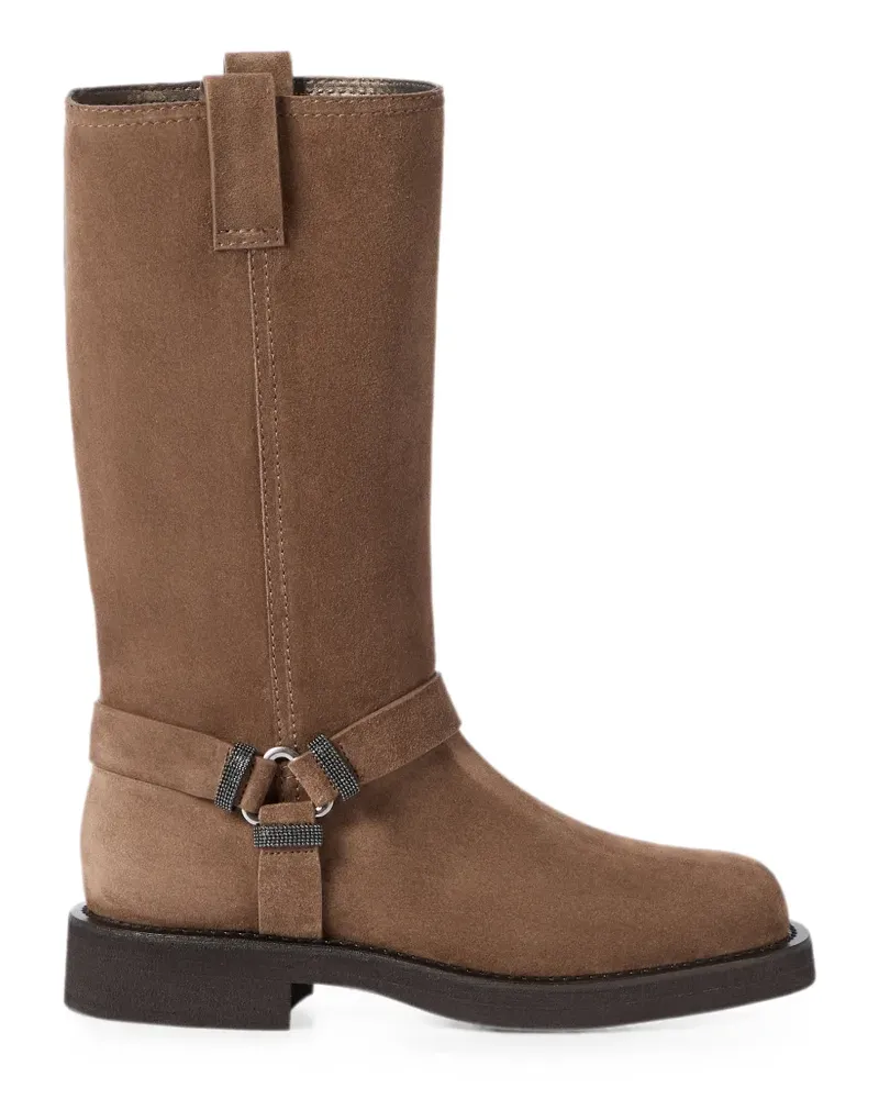Brunello Cucinelli Bikerstiefel aus Wildleder mit glänzenden Schlaufen - Braun Braun