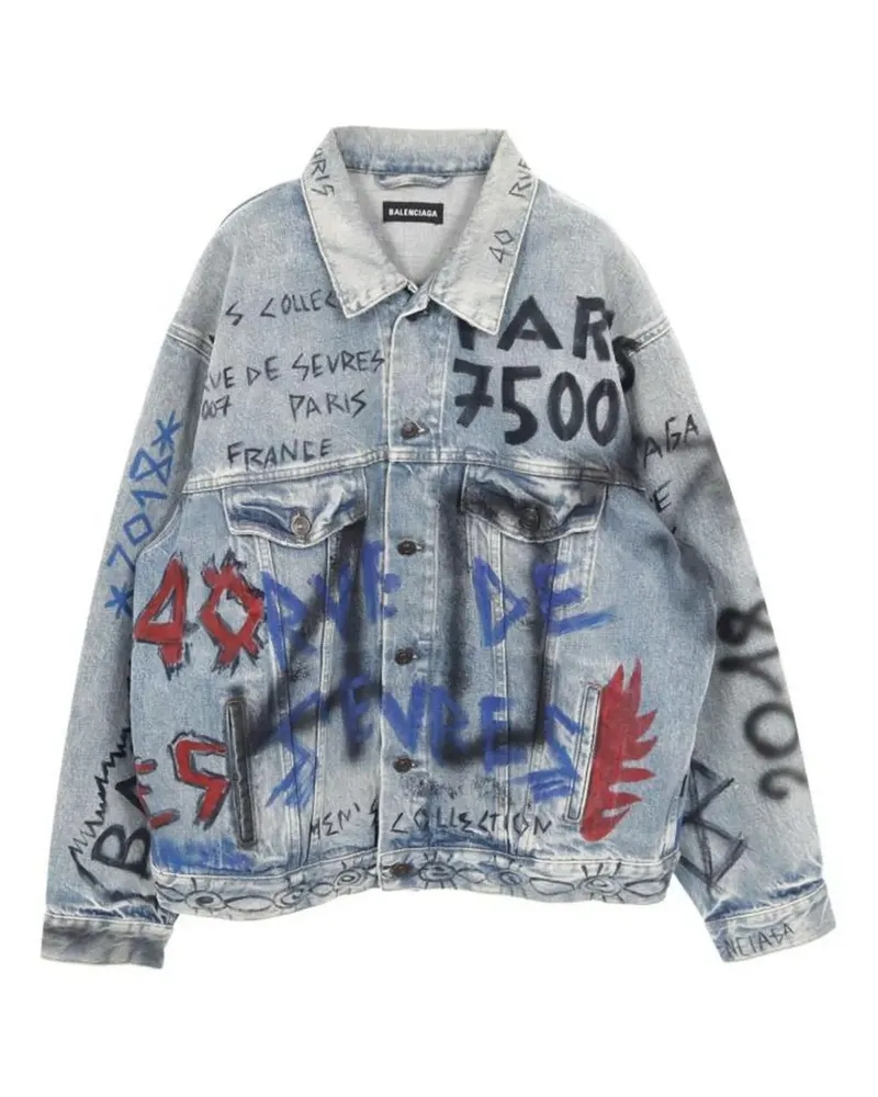 Balenciaga Jeansjacke mit Graffiti-Print - Blau Blau