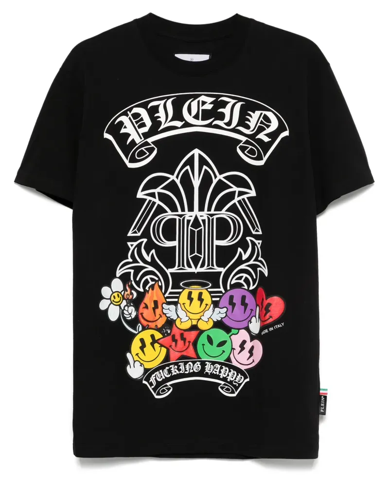 Philipp Plein Kursärmeliges T-Shirt mit Smiley-Print - Schwarz Schwarz