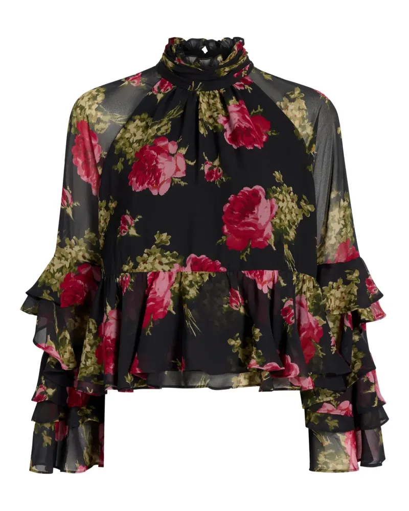 Cinq à Sept Gerüschte Skylah Bluse mit Blumen - Schwarz Schwarz