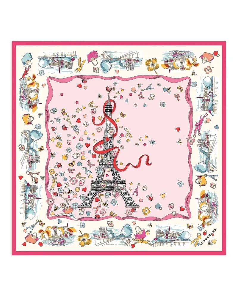 Longchamp Seidenschal mit Pariser Illustration - Rosa Rosa