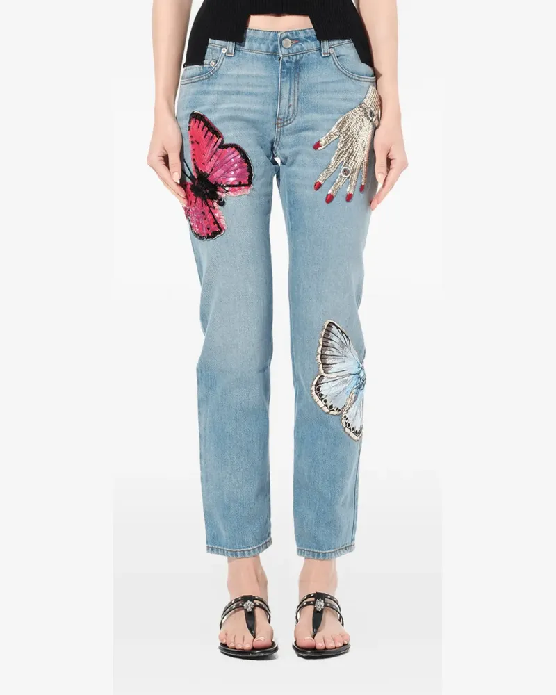 Alexander McQueen sequin-embellished butterfly-print jeans - Blau Blau