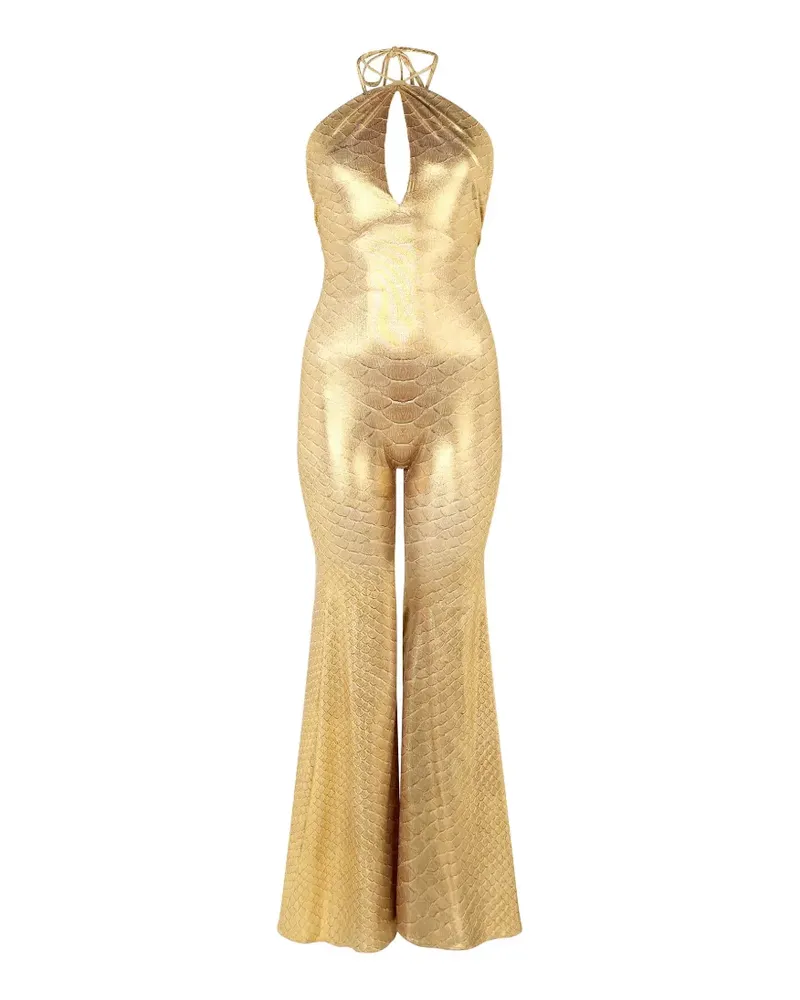 Roberto Cavalli halter serpentine-print jumpsuit - Gold Gold