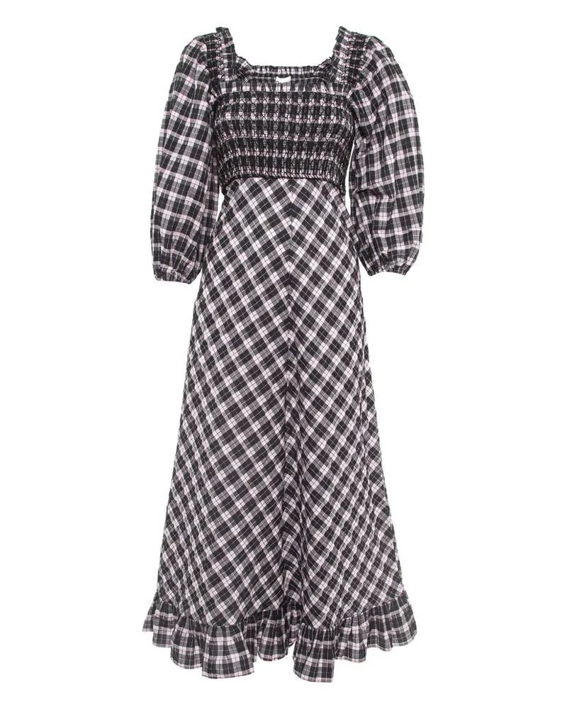 Ganni 2020 pre-owned gesmoktes Karo-Midikleid - Schwarz Schwarz