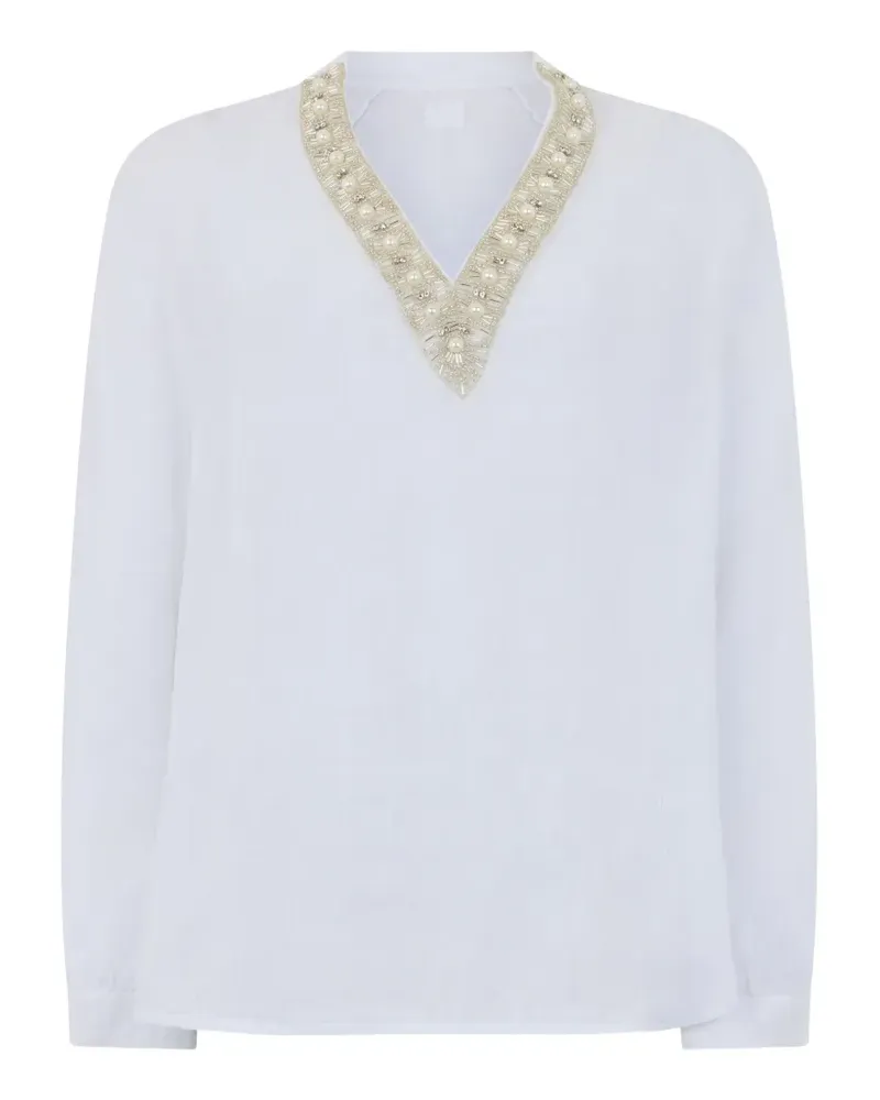 120% Lino V-neck embellished blouse - Weiß Weiß