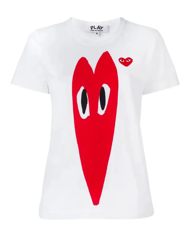Comme des Garçons T-shirt girocollo mezza manica in cotone di Comme Des Gar�ons Play. Colore bianco con stampa cuore rosso allungato e applica Weiß