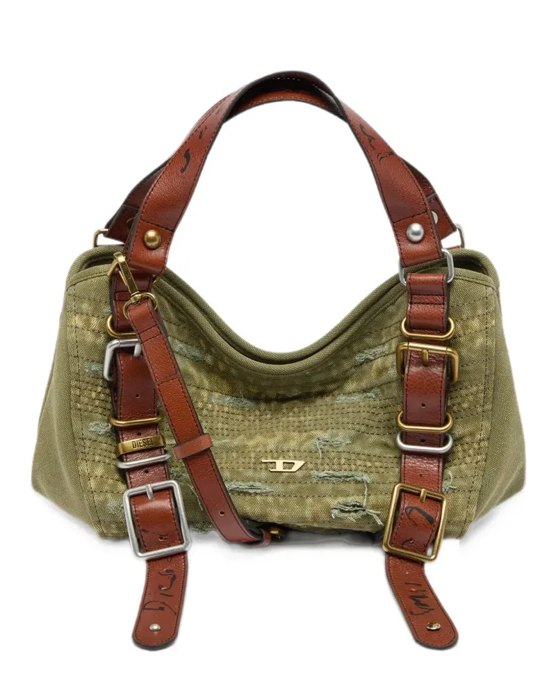 Diesel D-One-small top-handle bag in distressed canvas and leather - Grün Grün