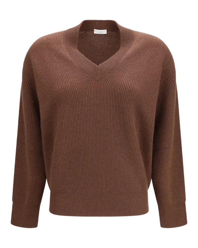 Brunello Cucinelli ribbed-knit V-neck sweater - Braun Braun
