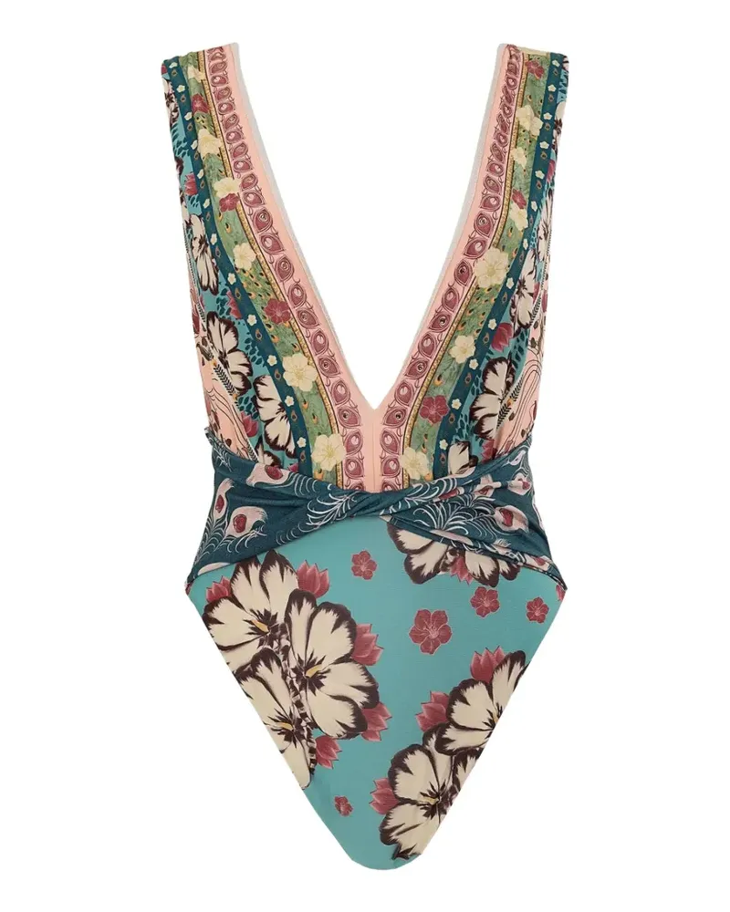 AGUA BENDITA Ellis floral-print plunge swimsuit - Blau Blau