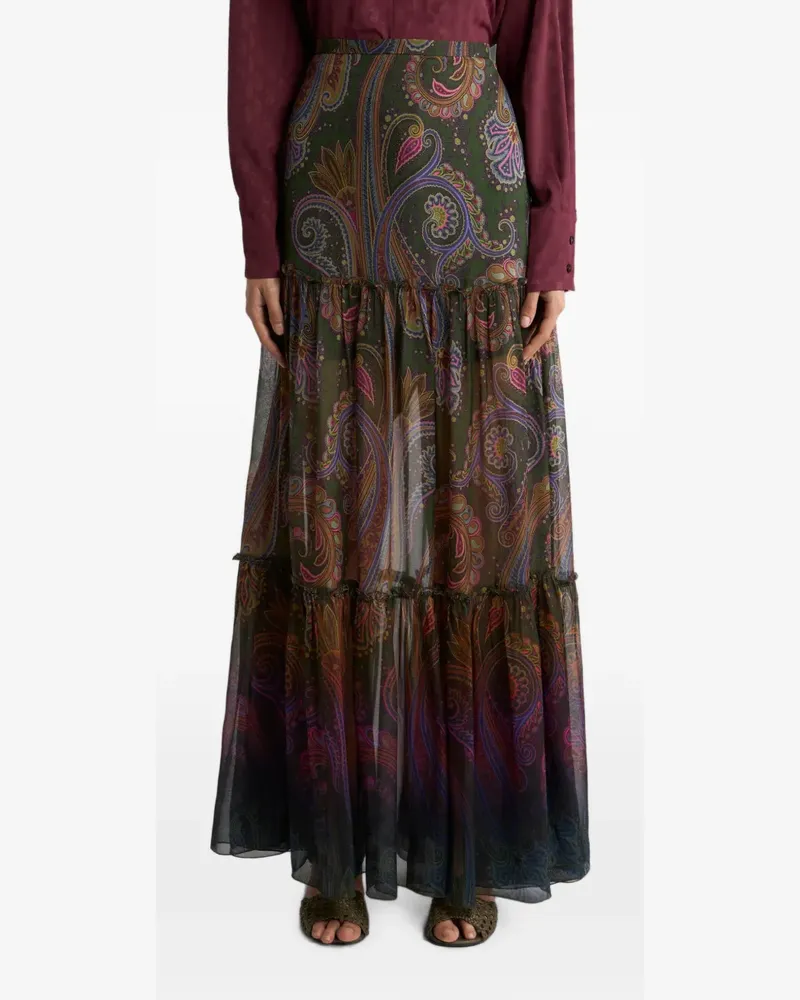 Etro silk maxi skirt with placed Paisley print - Grün Grün