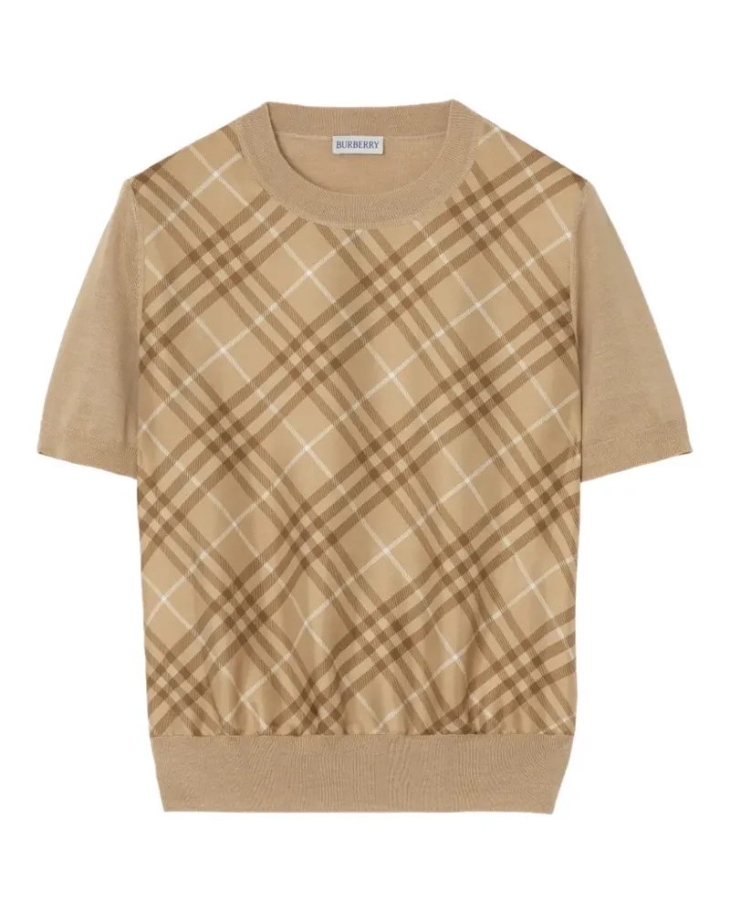 Burberry Check-panel wool-silk T-shirt - Nude Nude