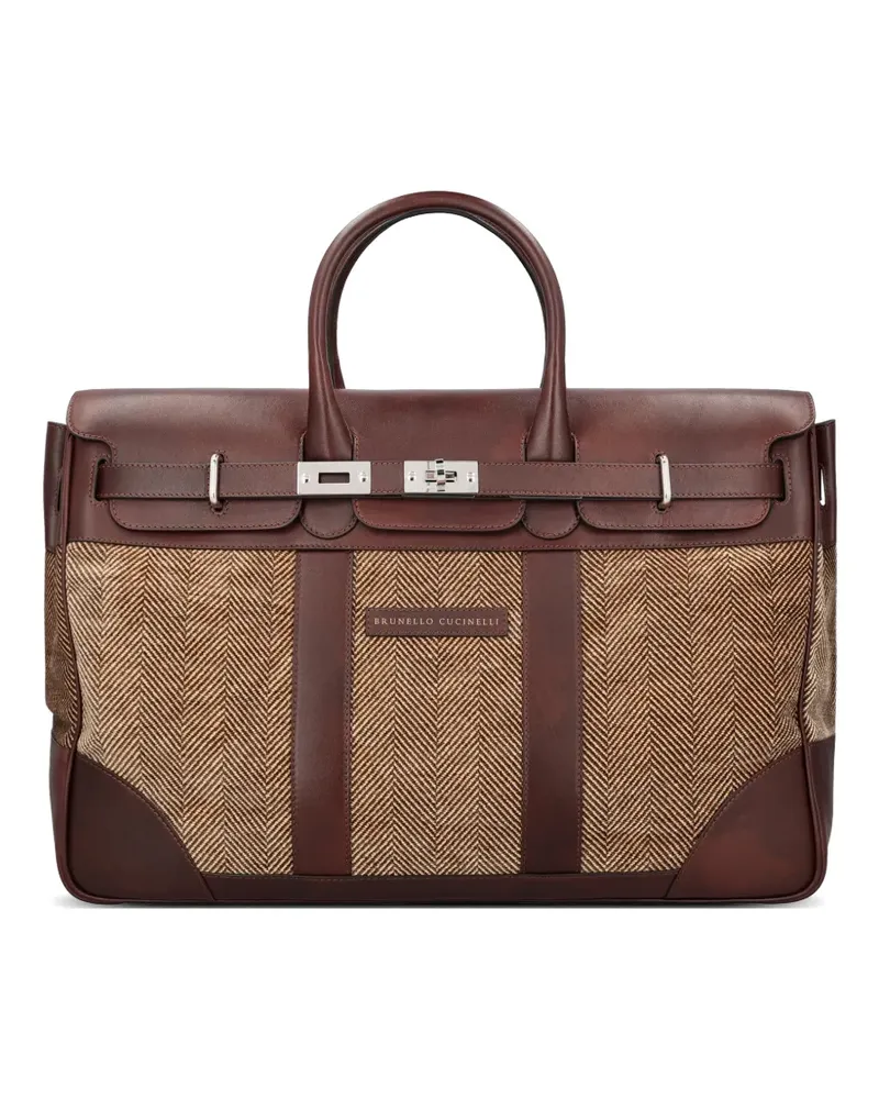 Brunello Cucinelli herringbone-pattern leather-trim messenger bag - Braun Braun